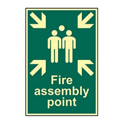 Image of Fire Assembly Point Sign, Glow In The Dark, 1.3mm Rigid Photoluminescent Board, Self Adhesive, W200mm x H300mm
