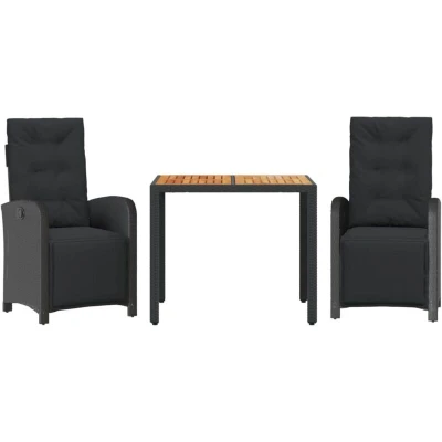 Image of vidaXL Bistro Set 3 Piece Black Poly Rattan, Adjustable Reclining Chairs, Cushions, Tempered Glass Table for Garden/Patio/Balcony