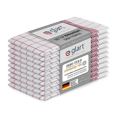 Image of Glart 48KR2 Set of 10 Tea towels Kitchen towels, 50 x 70 cm, 100 Percent cotton OEKO TEX, red checkered, pre washed