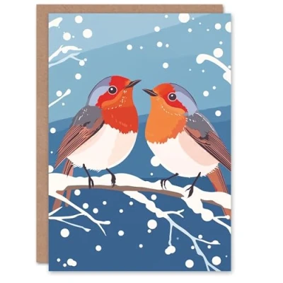 Image of Artery8 Personalised Two Robin Birds on Snow Tree Branch For Him Or Her Art Christmas Card