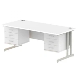 Image of Impulse 1800x800 Desk White Silver Cantilever Leg + 2x Fixed Pedestal