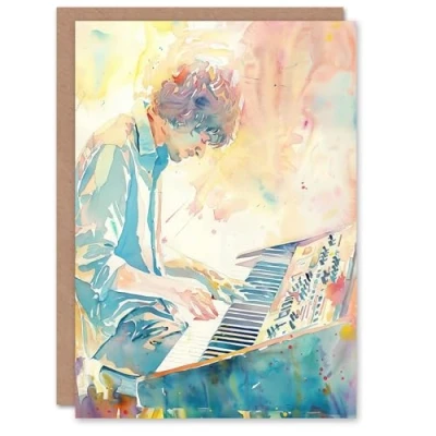 Image of Artery8 Greeting Card Keyboard Music Player Modern Light Watercolour Blank For All Him Or Her Art Birthday