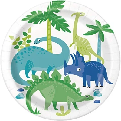 Image of Blue &amp; Green Dinosaur Dessert Plates (17cm) Fun, Colorful Adorable Party Tableware Perfect for Kids Birthdays Dino Themed Events 8ct