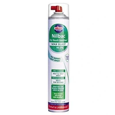Image of Nilco Nilbac Max Blast Whole Room Sanitiser kills 99.9% of Bacteria Dry Touch 750ml Aerosol