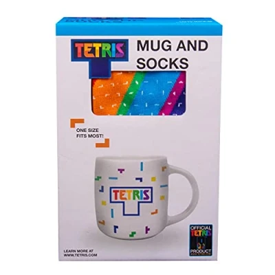 Image of Fizz Creations Tetris Mug &amp; Sock Set Retro Gaming Gift Set. Includes 450ml Capacity Ceramic One Size Fits All Socks in Box. Officially Licensed Merchandise.