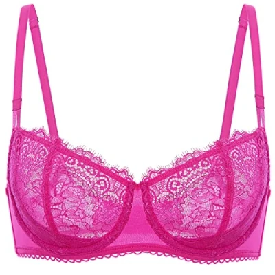 Image of DOBREVA Women&#039;s Lace Balconette Bra Half Cup Non Padded Push Up Underwire Sheer Bras Bright Fuchsia 40C