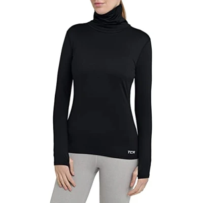 Image of TCA Women&#039;s Warm Up Long Sleeve Training Workout Funnel Neck Thermal Running Top with Thumbholes Black Rock, S