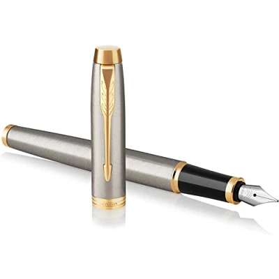 Image of Parker IM Premium Fountain Pen Brushed Metal with Gold Trims Fine Nib Black Ink Gift Boxed