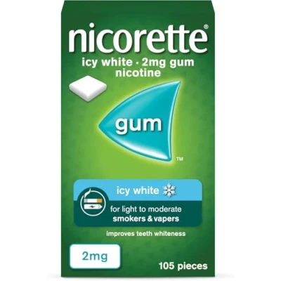 Image of Nicorette Icy White 2mg Gum (105 Pieces), Fast Acting Nicotine to help curb cravings and Whiten Teeth, Discreet Stop Smoking Aid for Quitting Cigarettes, Chewing