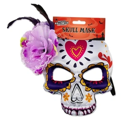 Image of Halloween Sugar Skull Lilac Flower Face Mask, Hallow Accessories for Adults, Day of the Dead Mask Costume Decoration Halloweeen Parties Size 18cm