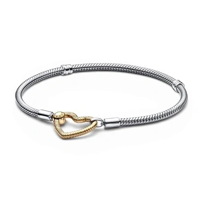 Image of Pandora Moments Snake chain sterling silver bracelet with 14k gold plated heart clasp, 18