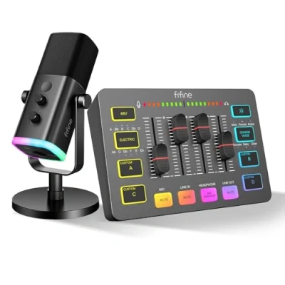 Image of FIFINE USB/XLR Streaming Dynamic Microphone, Gaming Audio Mixer, RGB PC Mixer with XLR Microphone Interface (AM8 + SC3)