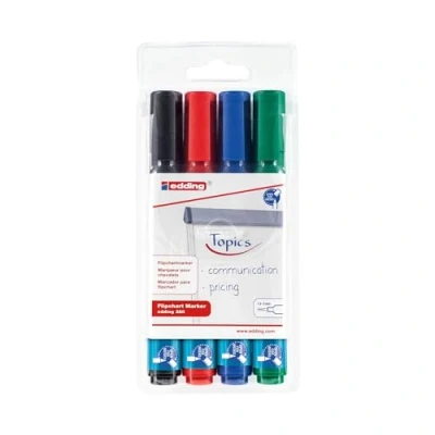 Image of edding 380 flipchart marker set of 4 multi coloured round nib 1.5 3 mm for writing, drawing and marking on paper does not bleed through dry out colour intensive