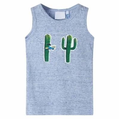Image of vidaXL Kids&#039; Tank Top 100% Cotton Camisole Undershirt with Fun Cactus Print, Blue Melange, Size 128 for Ages 7 8, Machine Washable