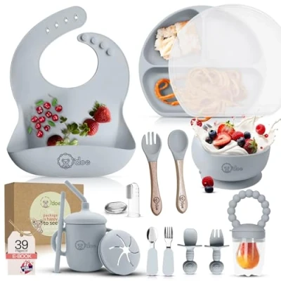 Image of O&#039;doe 17 Piece Baby Led Weaning Feeding Supplies for Toddlers,Baby Set Suction Silicone Bowl Self Eating Utensils with Fruit Feeder, Cup, Bibs, Food Plate Kit Lid Grey V2