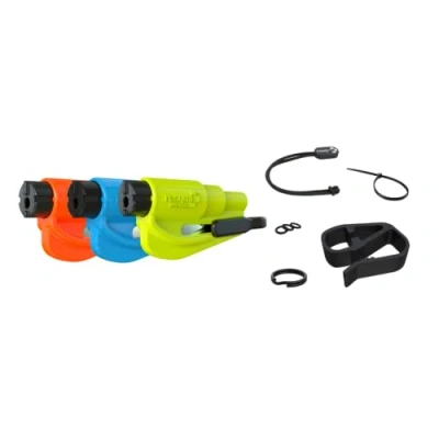Image of RESQME Family Pack of 3 with accessories, The Original Emergency Keychain Car Escape Tool, 2 in 1 Seatbelt Cutter and Window Breaker, Made USA, Blue, Orange, Yellow