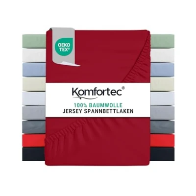 Image of Komfortec King Size Fitted Sheet 100% Cotton, 11 inch (30 cm) Deep Pocket Red