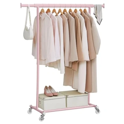 Image of SONGMICS Clothes Rack on Wheels, Heavy Duty Rail, with Extendable Hanging 90 kg Load Capacity, Easy Assembly, Portable, Jelly Pink HSR013R01
