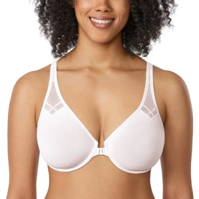 Image of Delimira Women&#039;s Front Fastening Bras Underwire Non Padded Plunge Racer Back Comfort Plus Size Bra Coconut White 34B