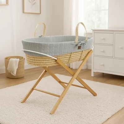 Image of Kinder Valley Grey Knitted Moses Basket with Natural Folding Stand, Fibre Mattress &amp; Padded Liner