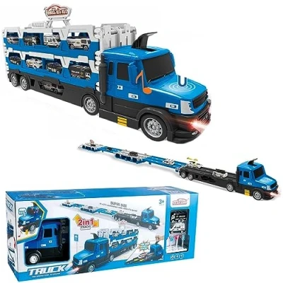 Image of Rexco Electronic Large Truck 2in1 Toy Car Transporter Catapult Race Track Parking Lot Racing Game With Light Sound Childrens Kids Play Set Xmas Gift (Police Blue Black)