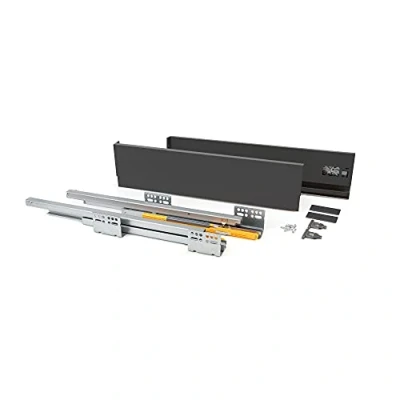 Image of Emuca Kit for Anthracite Grey Drawer, Including 2 Metal Sides, Full Extension Runners with Soft Close, Hardware Assembly a H138x300mm (5,4x11,8 inch)