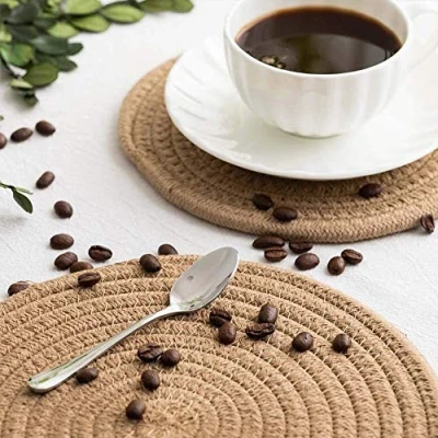 Image of DAJAMAI Round Woven Placemats Set of 4, Natural Jute Place Mats 13inches Boho Tablemats Straw Braided Placemats, Non Slip Heat Resistant Hand Chargers Plate for Dining Table