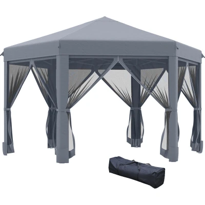 Image of Outsunny 3.2m Outdoor Pop Up Gazebo Hexagonal Canopy Tent with Mesh Sidewalls Handy Bag84C 227CG