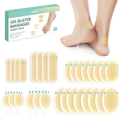 Image of 30 Pieces Blister Plasters for Feet Welnove Invisible Hydrocolloid Gel Bandages Cushions Heel, Toe &amp; Foot, Water Resistant Bandages(Variety Pack)
