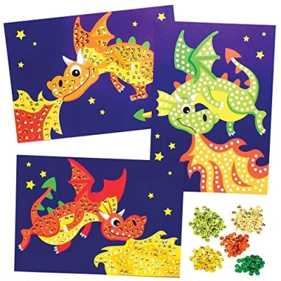 Image of Baker Ross Dragon Sequin Picture Kits Pack of 4, Chinese New Year Craft Kit, Crafts for Kids (AT748)