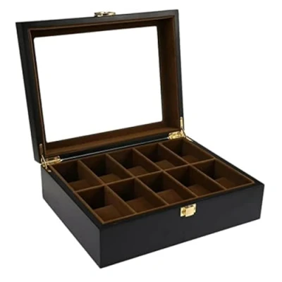 Image of Guolich Watch Storage Box Display Holder Case Solid Wooden Jewelry Bracelet Collection Organiser with Glass Lid Black (10 Slots)