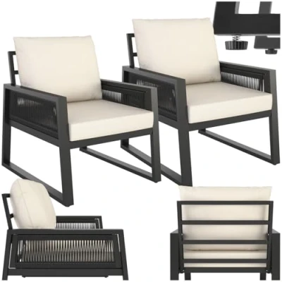 Image of TecTake® Set of 2 Garden Chairs in Modern Corded Design, Comfy Armchair with Durable Aluminium Frames, Thick Cushions &amp; Adjustable Feet, Furniture for Backyard, Balcony Patio