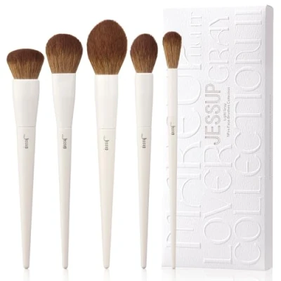 Image of Jessup Makeup Brush Set 5Pcs Face Brushes Vegan Soft Foundation Contour Highlighter Fluffy Setting Powder Brush, Light Grey T493