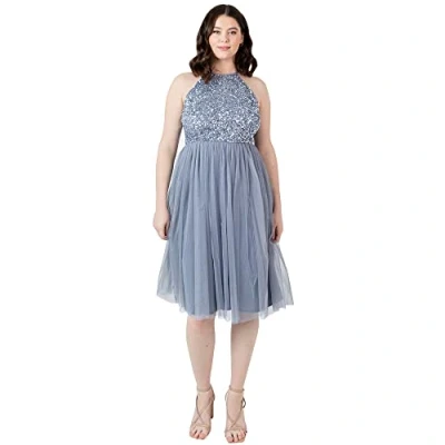 Image of Maya Deluxe Women&#039;s Ladies Midi Dress with Halter Neck Tulle for Evening Graduation Prom Wedding Bridesmaids Ball Gown, Dusty Blue, 16