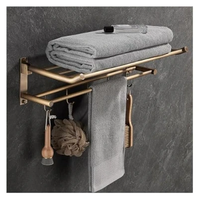 Image of Towel Rack Bathroom Antique Brass Holder,Wall Mounted Shelf with Bars and Hooks, Rustproof Lavatory Hanger Hand Kitchen Holder,Kitchen Toilet Shower Rail Hardware (