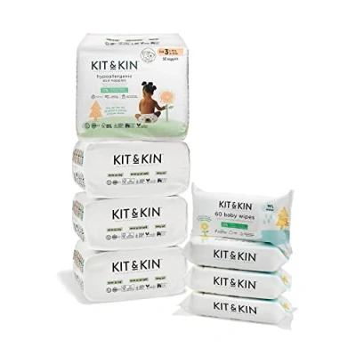 Image of Kit &amp; Kin Premium Eco Size 3 Starter Pack Bundle Sustainable Baby Nappies 99% Water Wipes Hypoallergenic with Flash Dry High Performance Layer 128 Nappies, 240