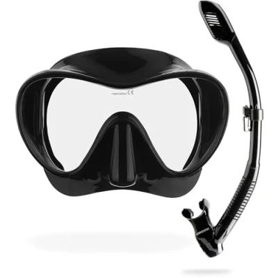 Image of CRESSI F1 Combo Set Black Frameless Mask + Snorkel Dry for Diving and Snorkeling, Black, One Size, Unisex