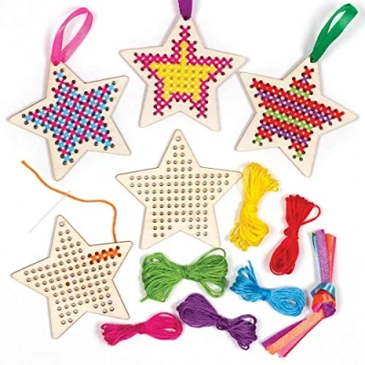 Image of Baker Ross AT226 Star Wooden Cross Stitch Decoration Kits, Christmas Arts and Crafts (Pack of 5), Assorted