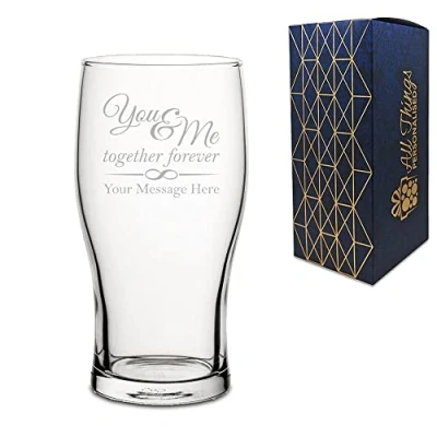 Image of Personalised Engraved Pint Glass with You &amp; Me, Together Forever Design, Gift Boxed, Personalise Any Message for Valentines, Anniversaries