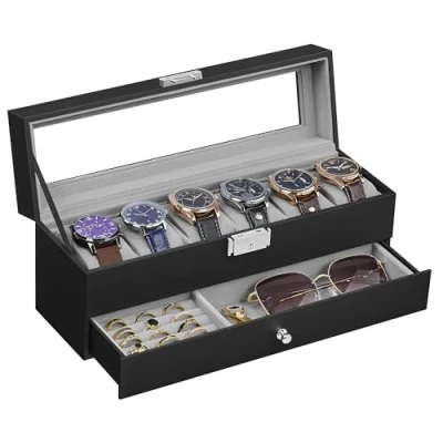 Image of SONGMICS Watch Box, Case with Glass Lid, 2 Tier Display for 6 Watches, Lockable, 1 Drawer, Rings, Bracelets, Gift Idea, Black Synthetic Leather, Grey Lining JWB060G01