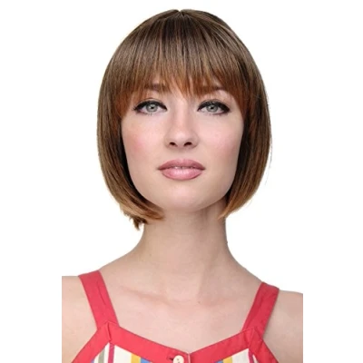 Image of Wig ME UP Lady Quality short Page Bob fringe bangs black mixed with light rustbrown reddish brown strands streaked highlights703 2T114