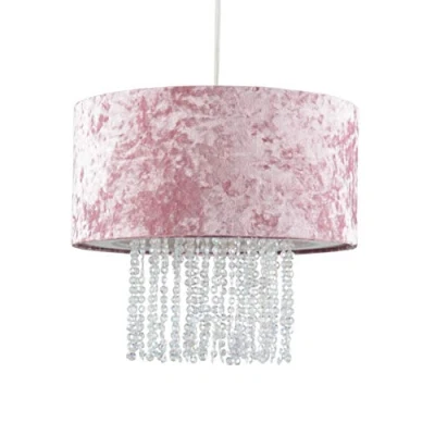 Image of Modern Pink Velvet Cylinder Ceiling Pendant Light Shade with Clear Acrylic Droplets
