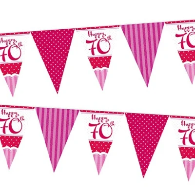 Image of Perfectly Pink Party Happy 70th Birthday Paper Flag Bunting 12ft