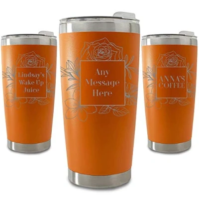 Image of Personalised Engraved 500ml Orange Travel Cup with Floral Square Design, Personalise Any Message or Name