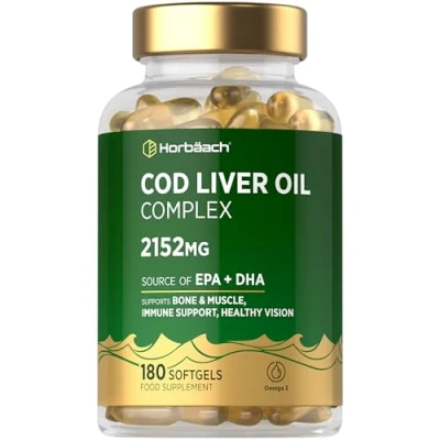 Image of Cod Liver Oil Capsules High Strength 2152mg 180 Count Complex with Garlic and Omega 3 Fatty Acids DHA/EPA No Artificial Preservatives by Horbaach