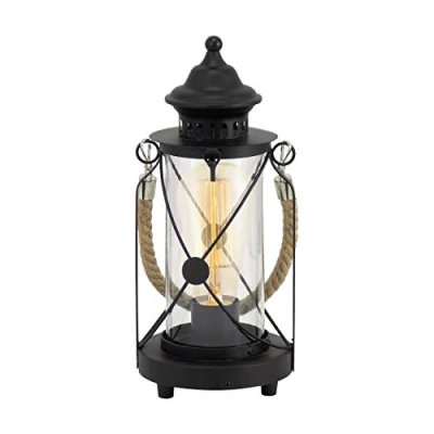 Image of Eglo Bradford Table lamp, 1 Flame Vintage Light, Lantern, Bedside lamp Made of Steel, Colour: Black, Glass: Clear, Socket: E27, incl. Switch