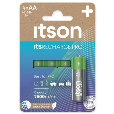 Image of ITSON, AA rechargeable battery, PRO, pack of 4, powerful batteries, pre charged, min. capacity 2500 mAh, packaging made 95 Percent recycled materials, in Japan