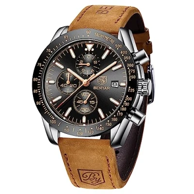 Image of BY BENYAR Mens Watches Analog Quartz Chronograph Waterproof Luminous Watch for Men Business Work Sport Casual Fashion Brown Leather Band Dress Men&#039;s Wrist Elegant Gifts Father&#039;s Day