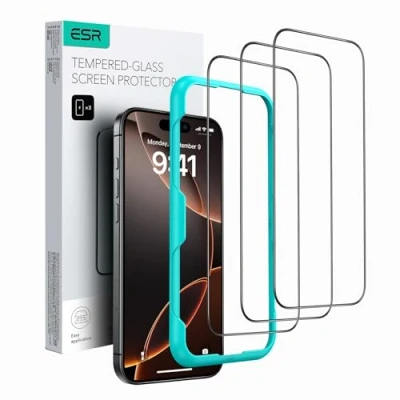Image of ESR 3 Pack for iPhone 16 Pro Screen Protector, Tempered Glass Film with Easy Installation Tool, 9H Hardness, Military Grade Shatterproof, HD Clear, Scratch Resistant