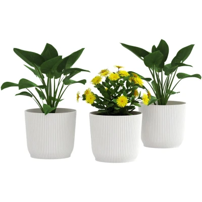 Image of Outsunny Set of 3 Plastic Round Plant Pots Outdoor 22cm, Garden Planters, Flower for Decoration, Patios, Indoor, Outdoor, Home, White